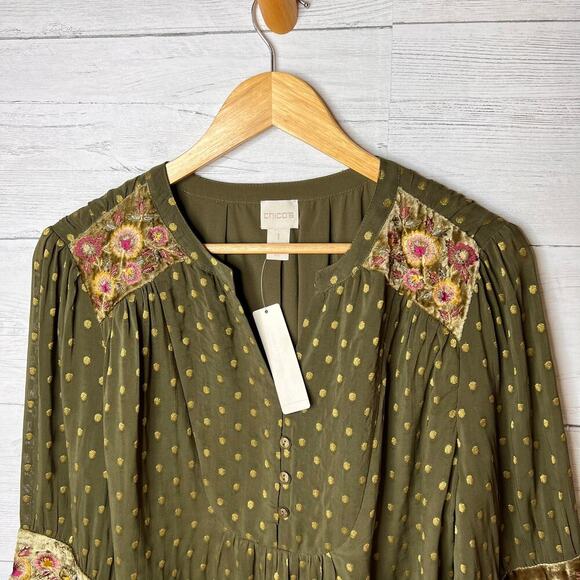 Chicos Blouse Womens Size 1/Medium Dark Olive Green Velvet Embroidered Flowers - Picture 8 of 16